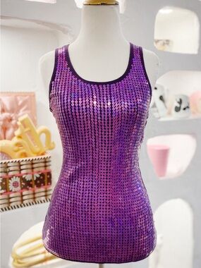 Y2K 2010s Holographic Purple Sequinned Ribbed Cotton Tank Top